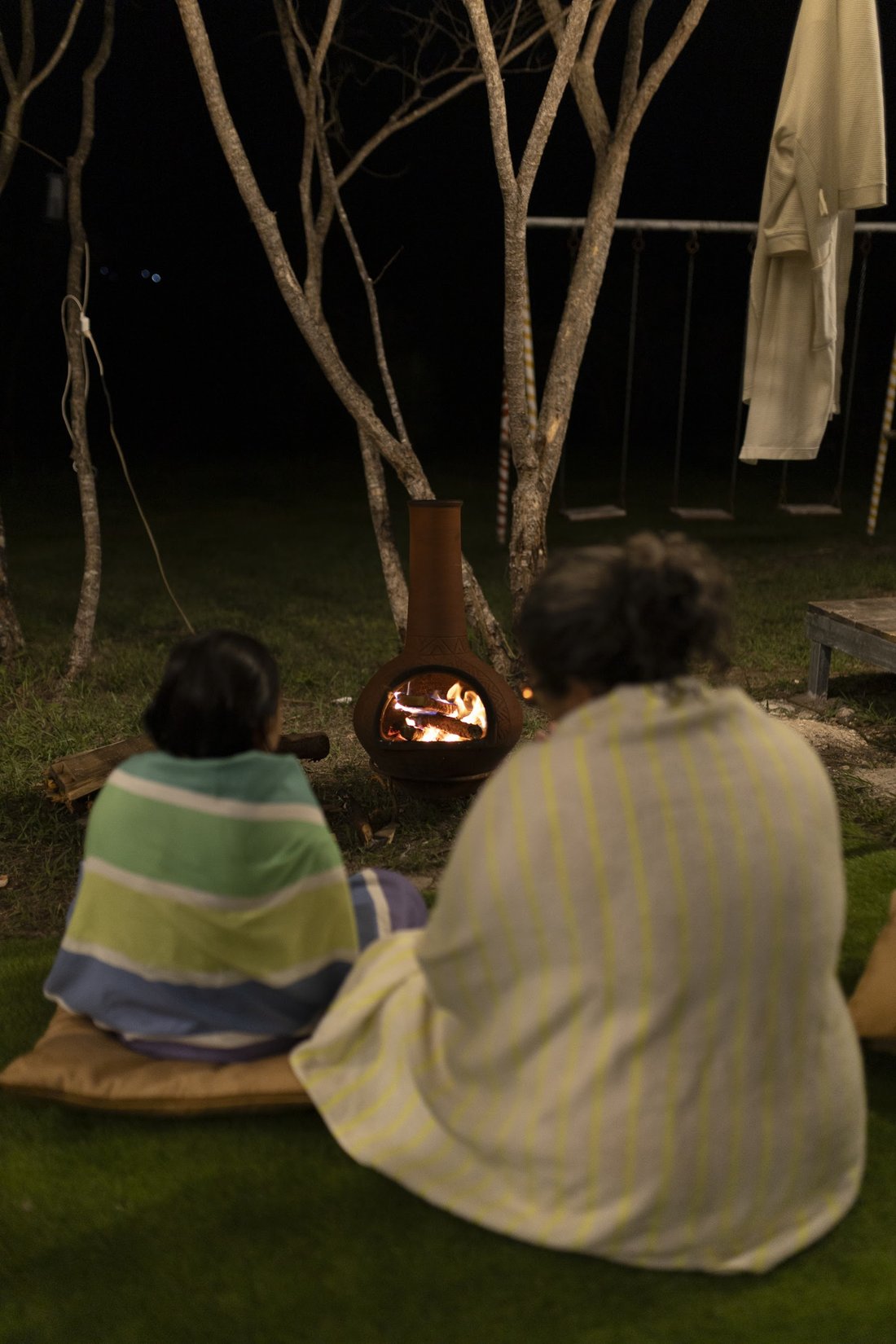 La fogata encendida en el pasto, entre los árboles
