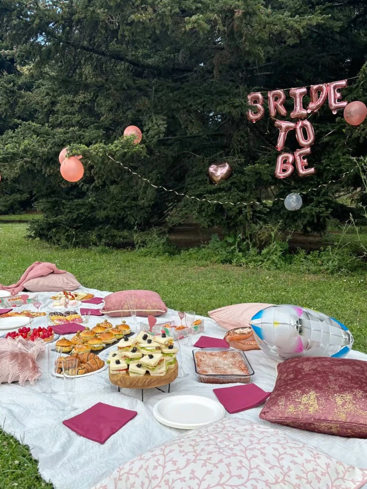 Picnic sobre manteles blancos en el césped, con cojines rosados y globos Bride to be