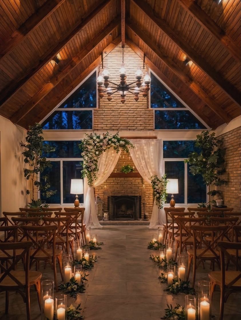 La sala montada para una ceremonia: arco de flores frente a la chimenea y velas en el pasillo