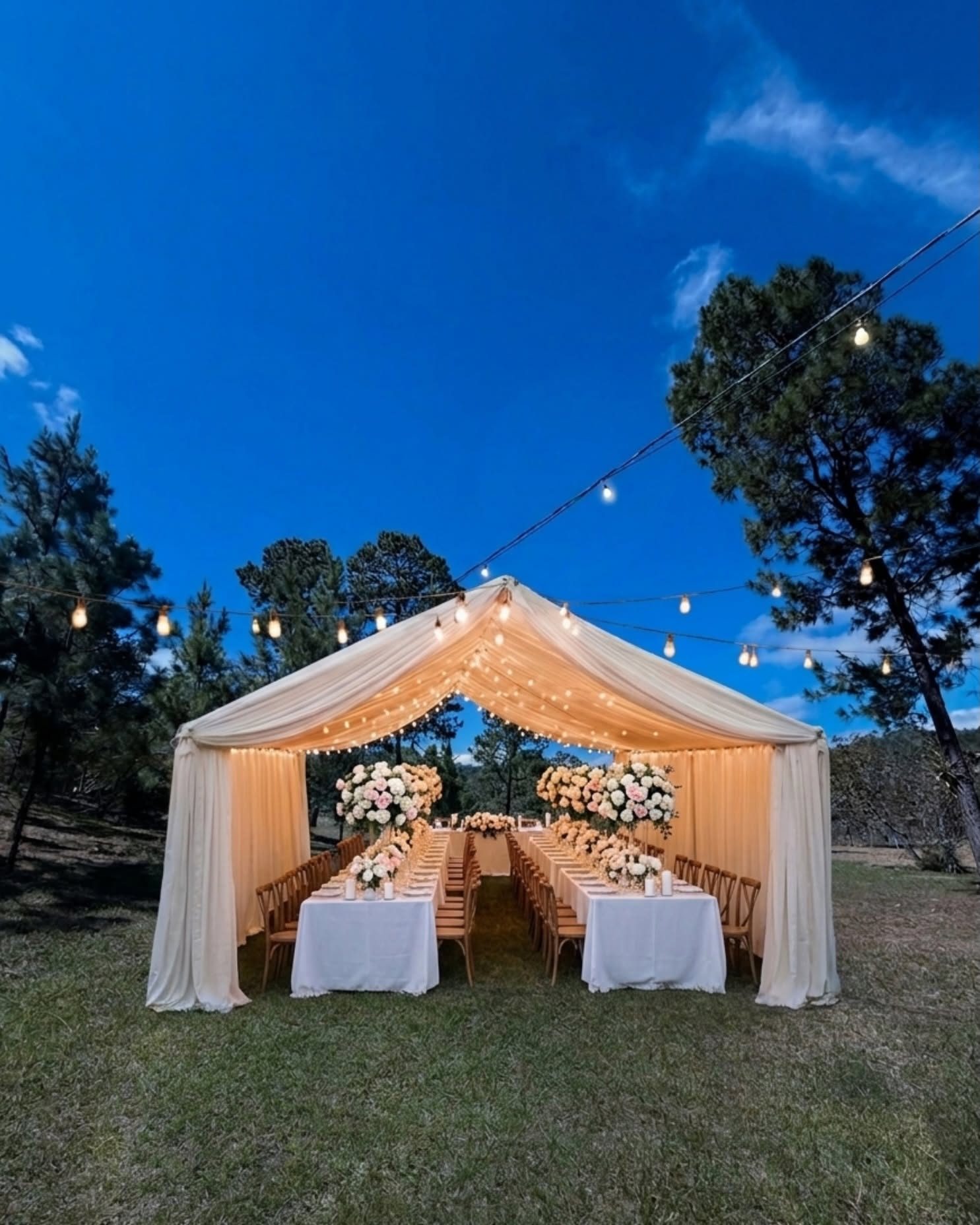 Una carpa de tela iluminada con mesas largas en el terreno, al anochecer