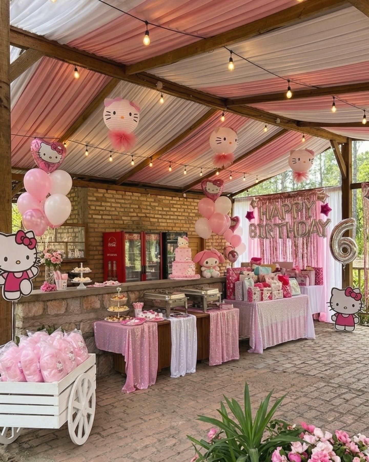 Mesa de dulces y regalos rosados bajo el techo del patio, con globos y luces