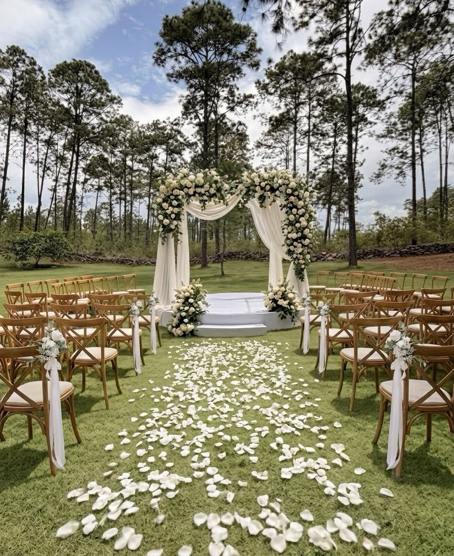 Pasillo de pétalos blancos entre sillas de madera hacia un arco de flores, entre pinos