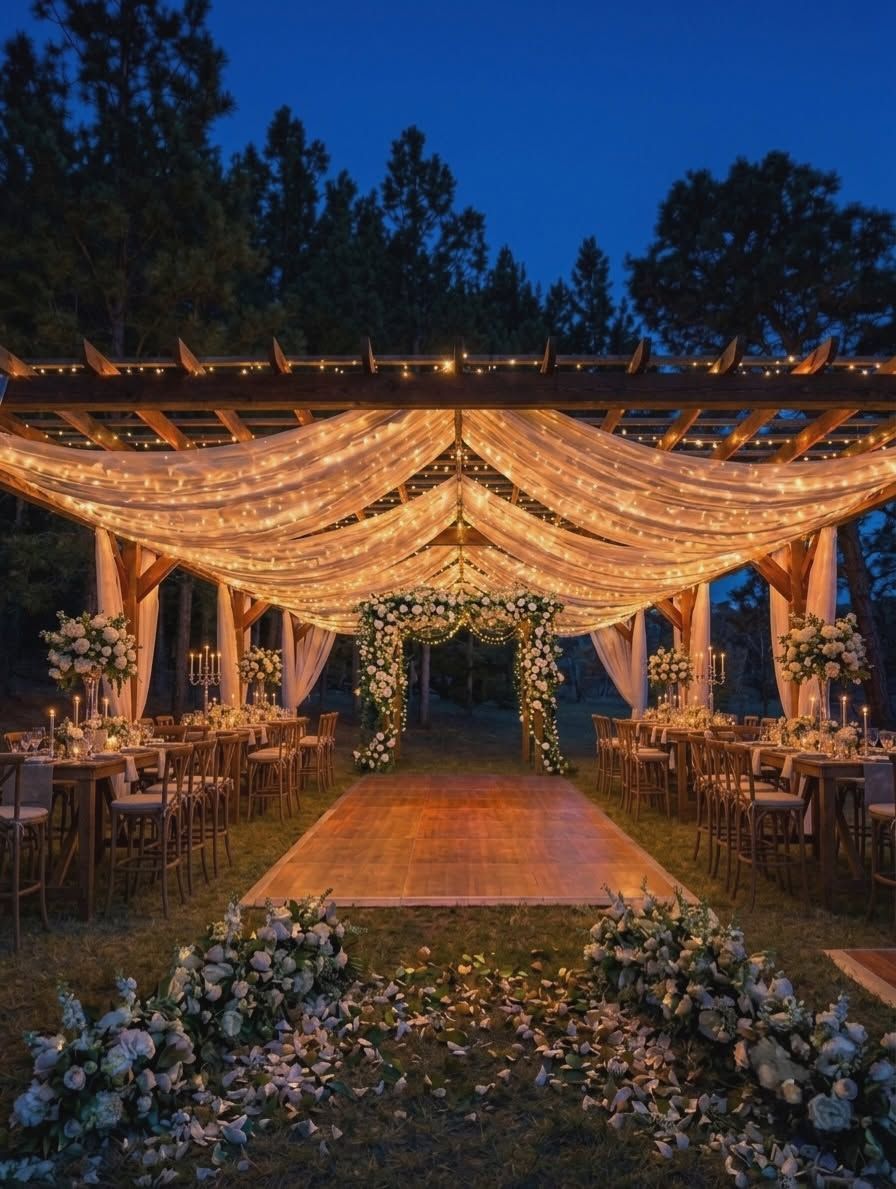 Pérgola de madera con telas y luces sobre una pista de baile y mesas largas, de noche